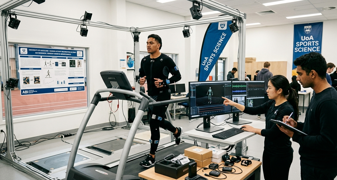 Motion capture laboratory with an athlete, cameras, and researchers studying movement.