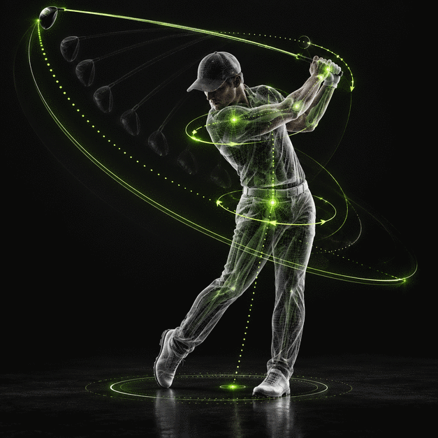 3D mesh golfer mid-swing with bright lime pose, club, and body rotation trajectories.