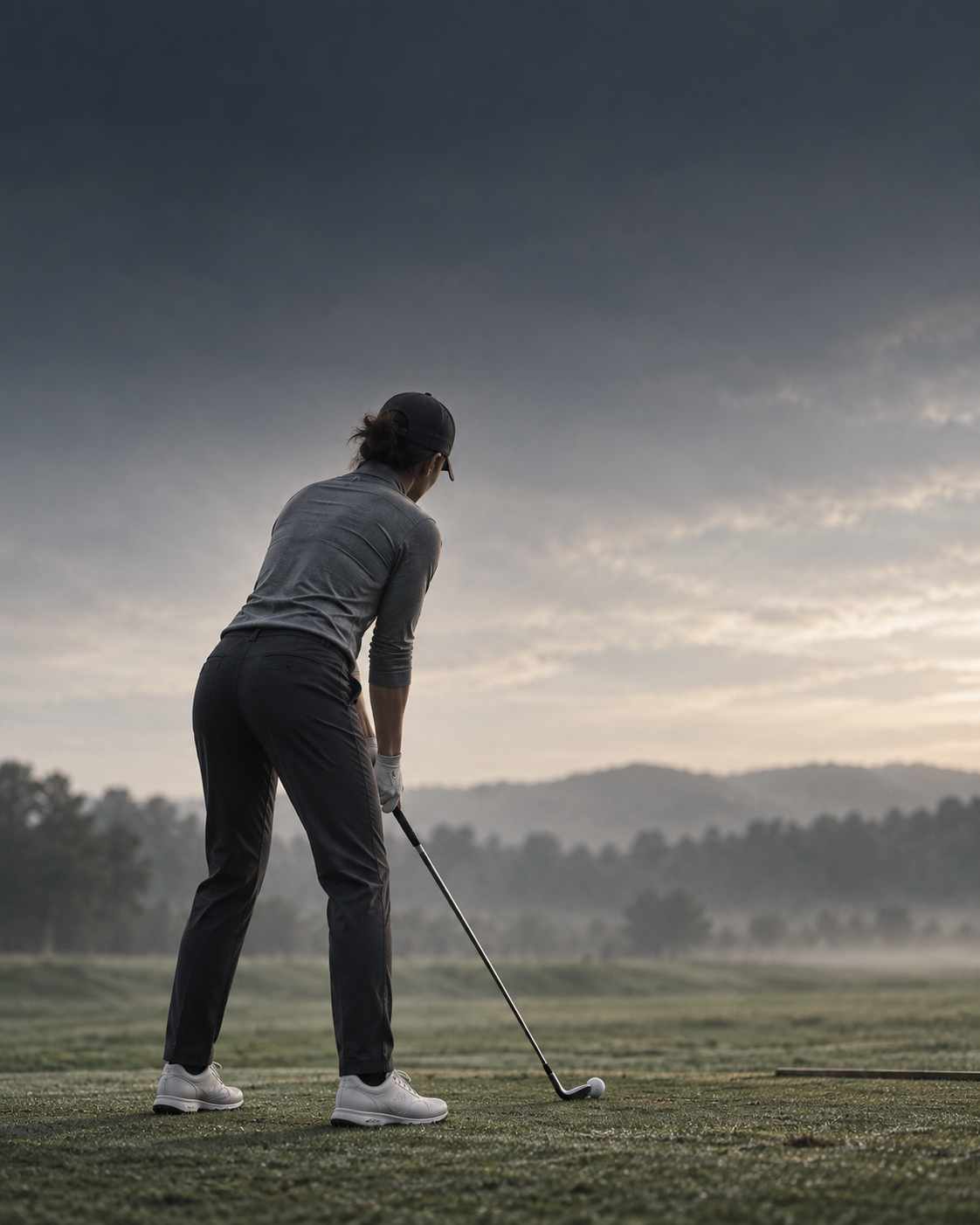Golfer preparing in a calm setup position.